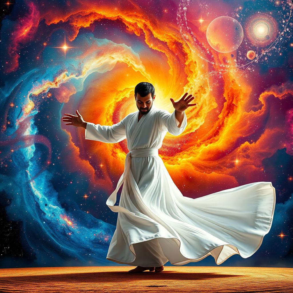 A mesmerizing scene featuring a whirling dervish, representing the spiritual dance of the Sufi mystic, with flowing white garments and expressive hand movements