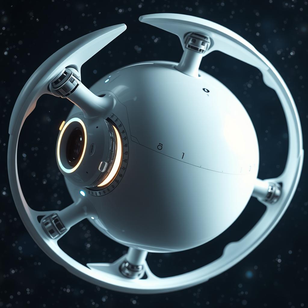 A futuristic white space drone with a spherical shape, showcasing advanced technology
