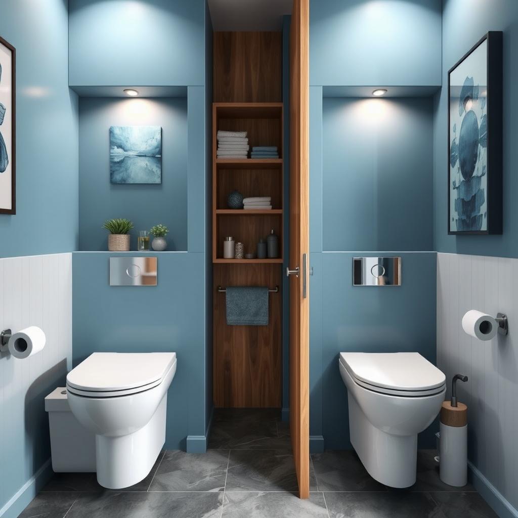 A beautifully designed bathroom remodeling project with two separate toilet modules, each with doors, fitted into a cozy space measuring 1