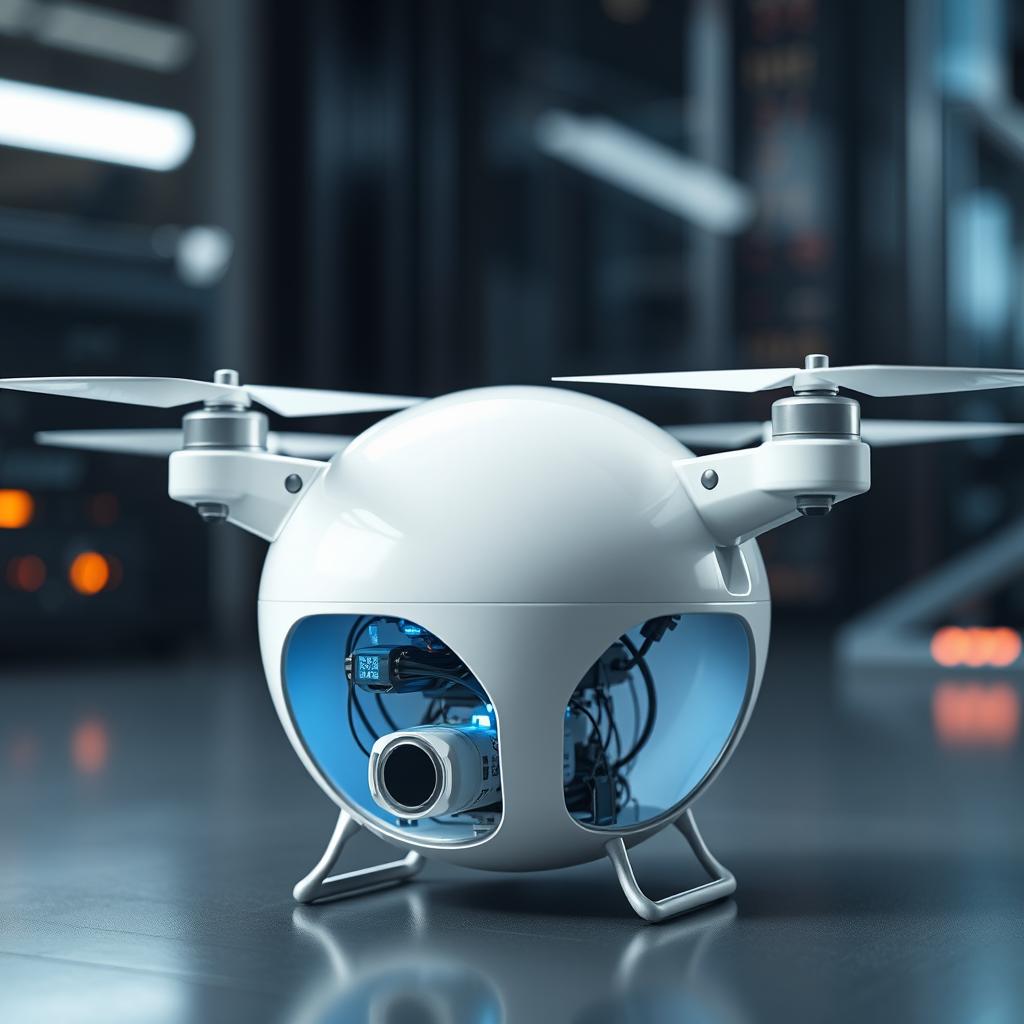A futuristic white drone with a spherical shape, showcasing advanced technology