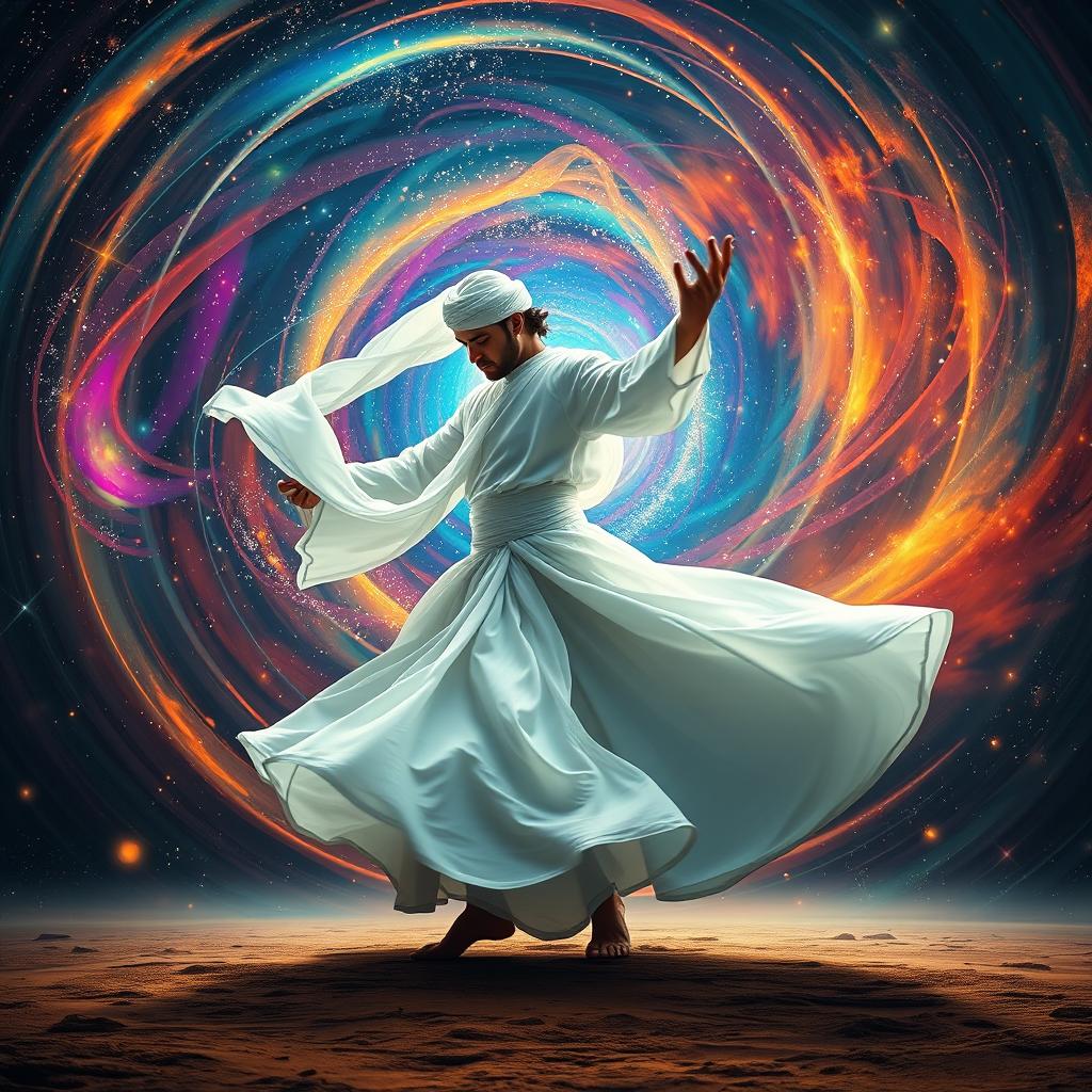 A dynamic and engaging scene depicting a whirling dervish embodying the spiritual dance of the Sufi mystic, with flowing white garments that cascade gracefully as he spins