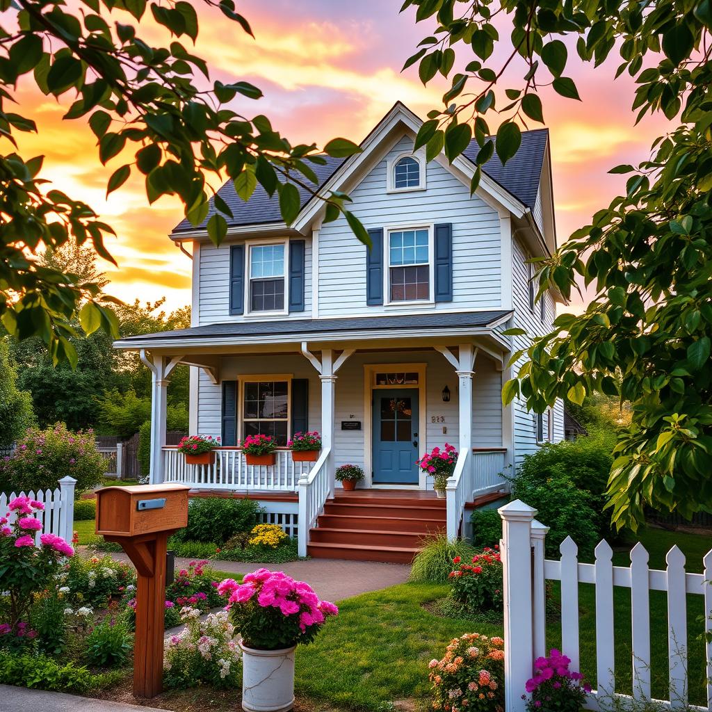 A beautifully painted house sitting in a lush green garden during golden hour