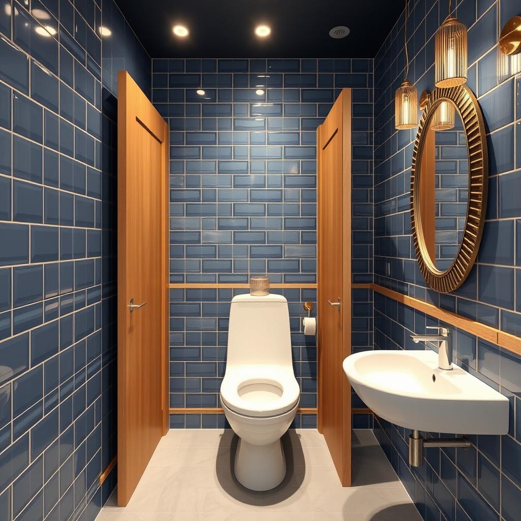A stylish and functional bathroom remodeling project for a restaurant, featuring two separate toilet modules, each equipped with modern doors, situated within a compact space measuring 1