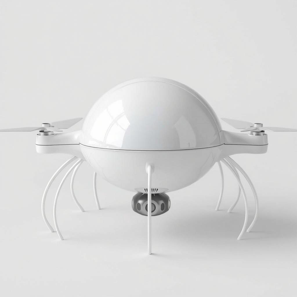 A futuristic white drone with a spherical shape, showcasing advanced technology