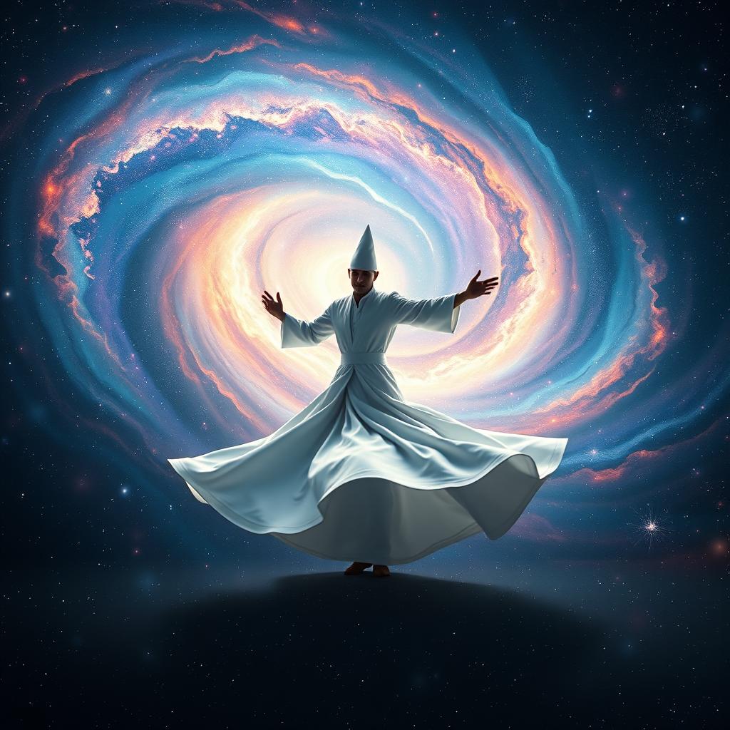 A mesmerizing video scene featuring a dervish, inspired by the dance of Rumi, gracefully spinning amidst a stunning swirling galaxy