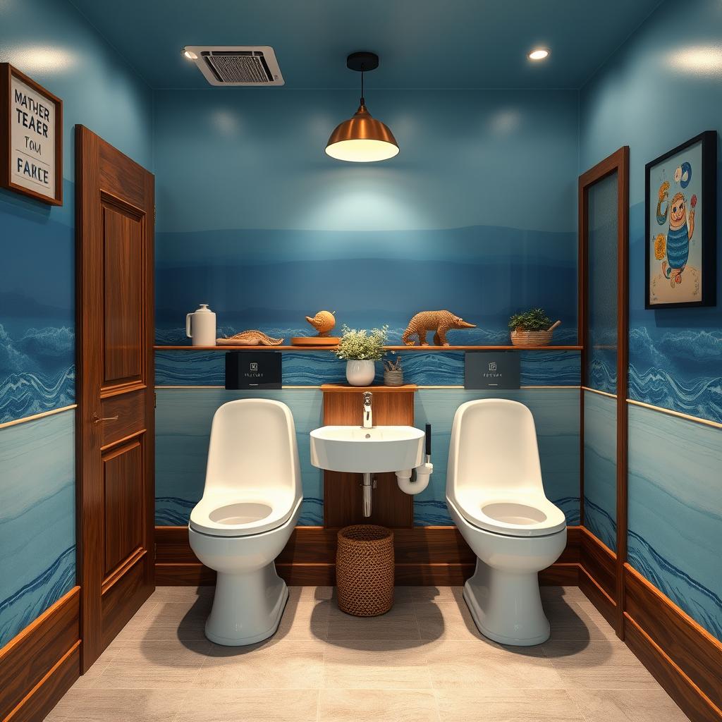 An ocean-inspired bathroom design for a seafood restaurant, featuring two separate toilet modules with stylish doors, all within a compact space of 1
