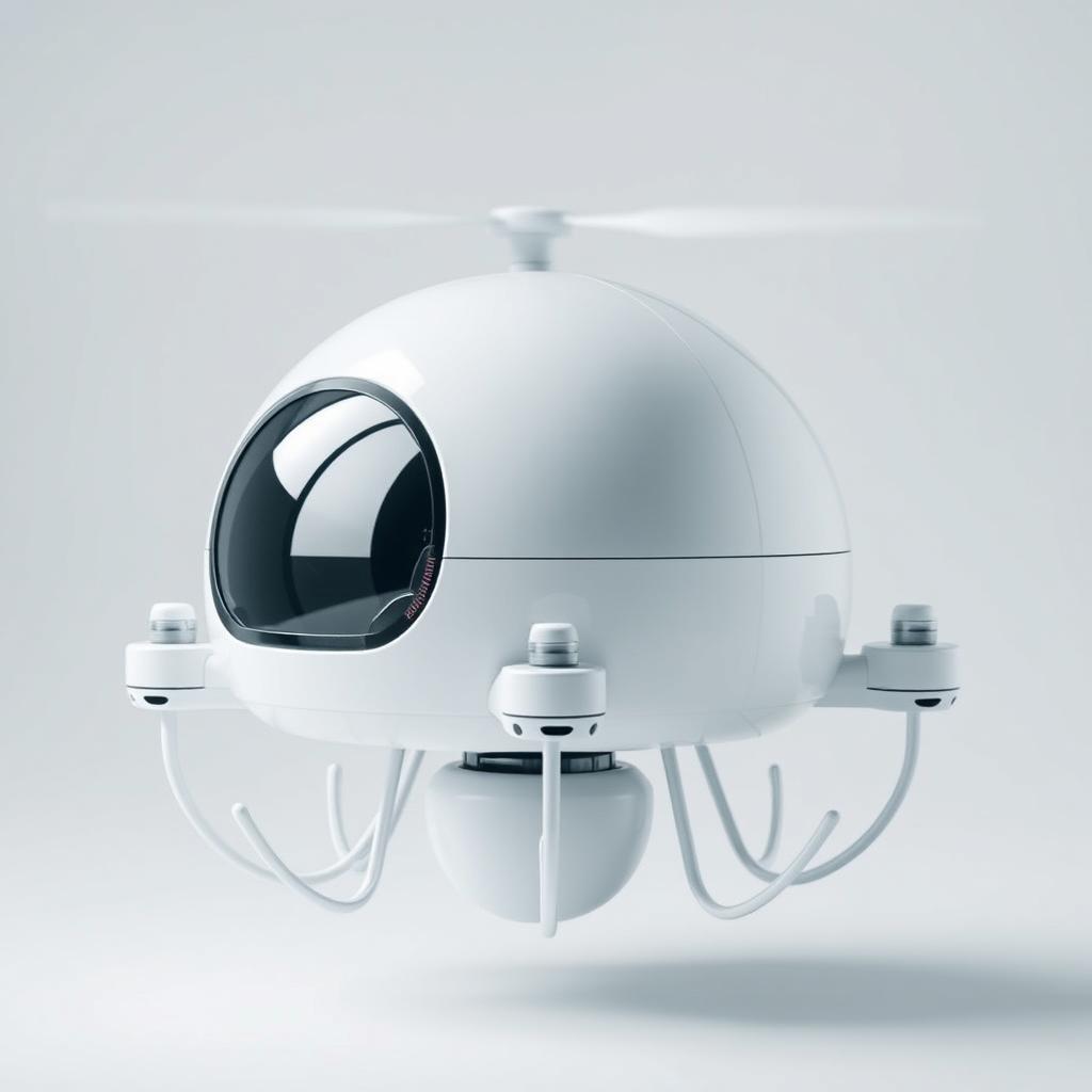 A futuristic white drone with a spherical shape, showcasing advanced technology