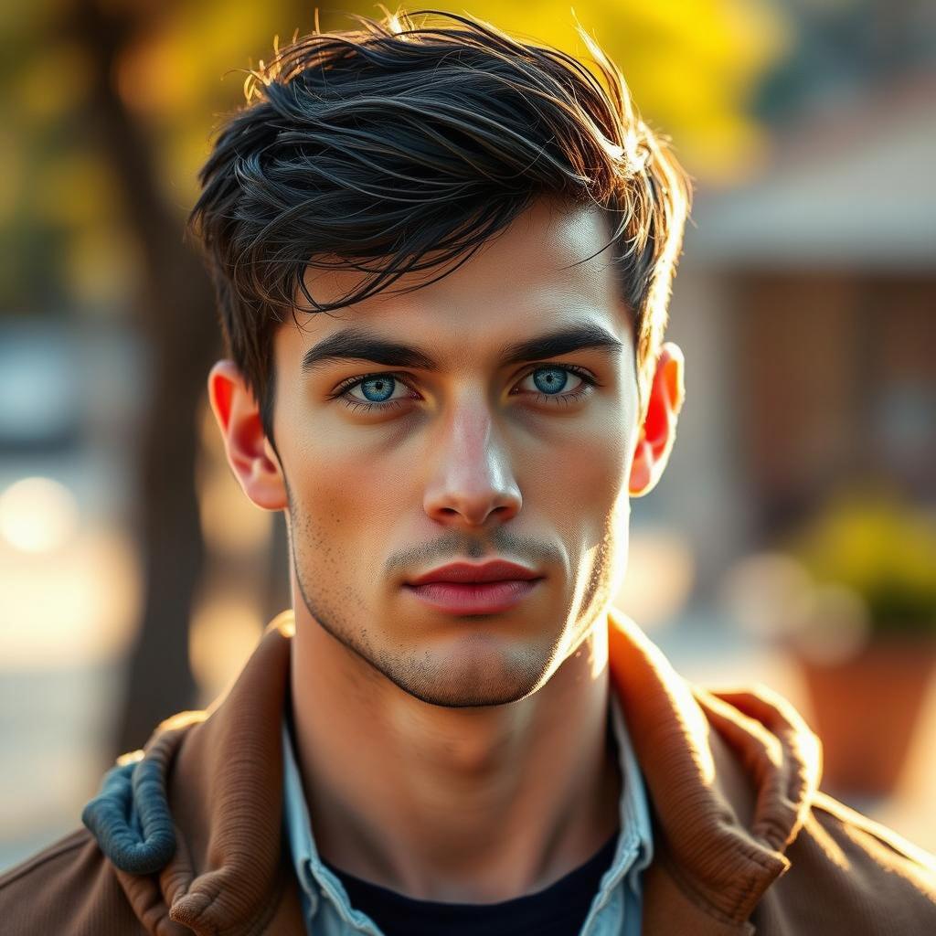 A full body portrait of a young man with striking blue eyes and dark, tousled hair