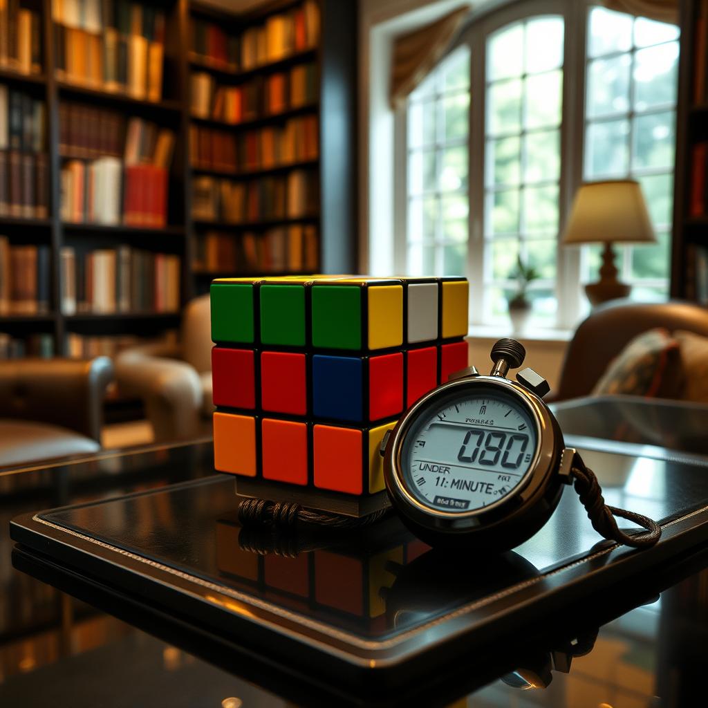 A solved 3x3 Rubik's Cube placed elegantly on a stylish table