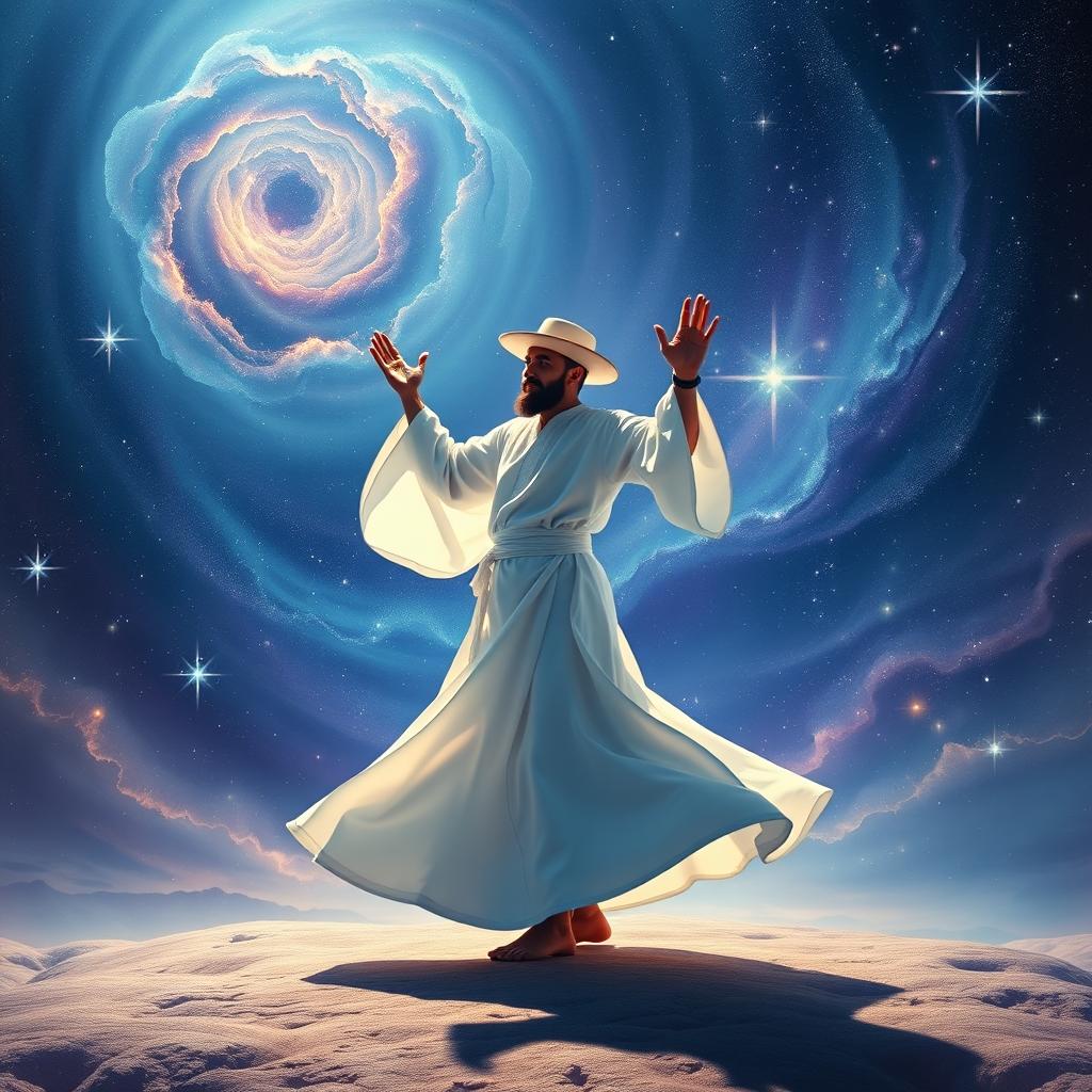 A mystical and enchanting scene depicting a Sufi whirling dervish dancing in a state of divine ecstasy, embodying the spiritual essence of Rumi's teachings