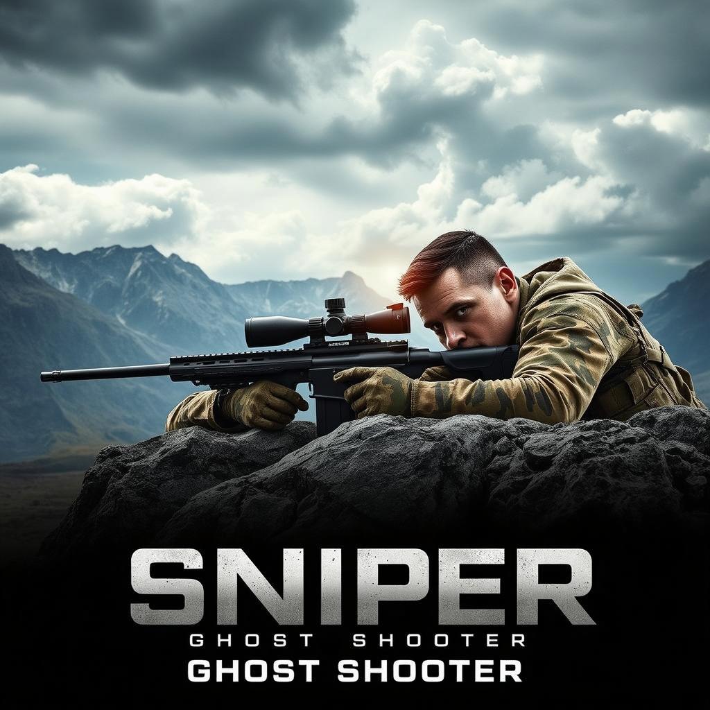 A dramatic scene featuring a soldier in camouflage gear, lying prone on rocky terrain in an outdoor mountainous setting