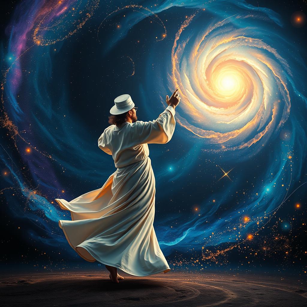 A captivating scene of a Sufi whirling dervish in an ecstatic dance, inspired by Rumi's spiritual teachings