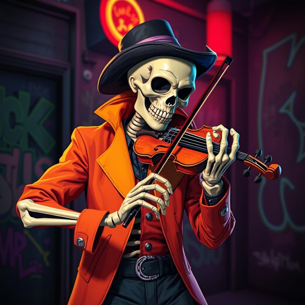 A stylized skeleton character dressed in a vibrant, edgy fashion, intensely focused while playing a violin
