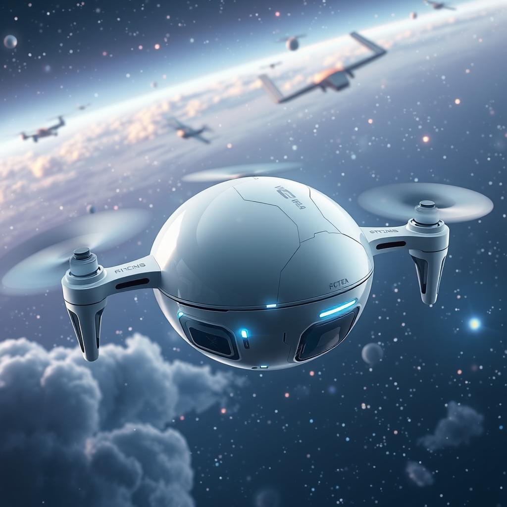 A futuristic drone designed in a space game style, featuring a sleek, spherical shape with a glossy white exterior