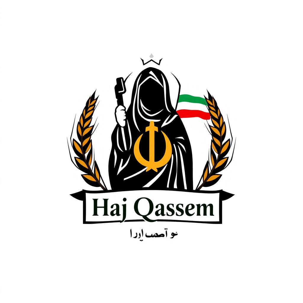 A logo design for the 'Haj Qassem Girls' Jihadi Group', featuring a symbol representing 'Seyed al-Shohada' of resistance, the Iranian flag, and wheat ears