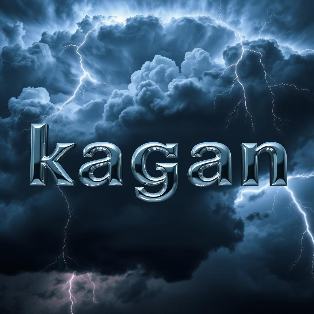 The word 'kagan' rendered in a chrome shiny font, glowing with reflections, positioned against a dark stormy sky filled with dramatic thunderclouds and flashes of lightning