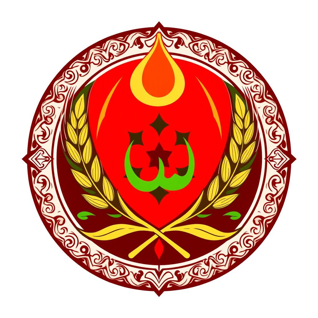 A logo design for a girls' jihad group inspired by Haj Qasem, featuring the symbol of Imam Hussein as a representation of the martyrs of resistance, combined with a wheat sheaf to represent growth and sustenance
