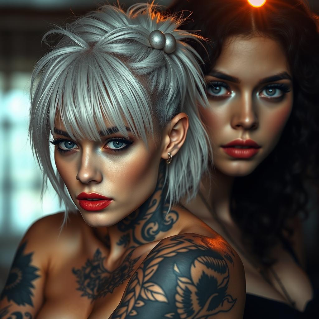 A captivating cover featuring a stunning and beautiful tomboy with white hair and intricate tattoos