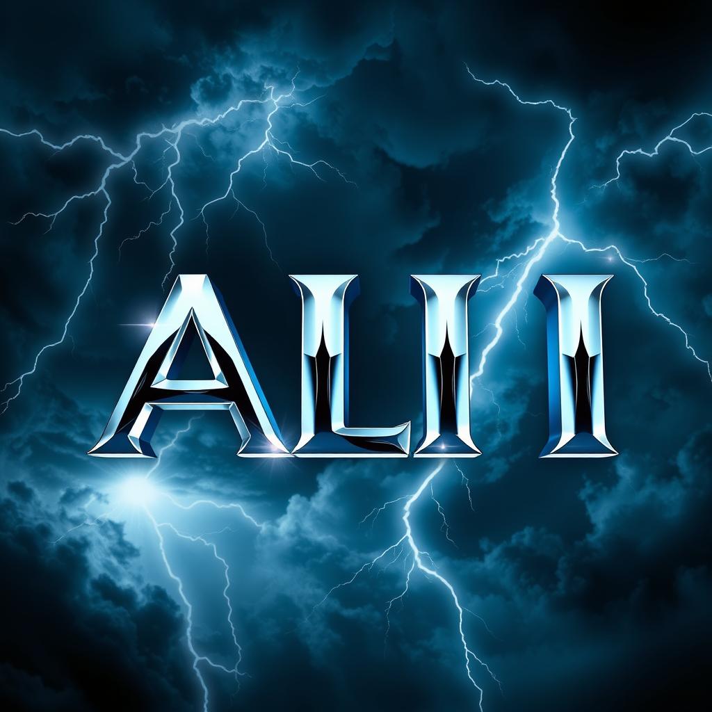 The word 'ALI' displayed in a chrome sharp shiny font, gleaming with reflections, set against a dark stormy sky filled with ominous thunderclouds and striking flashes of lightning