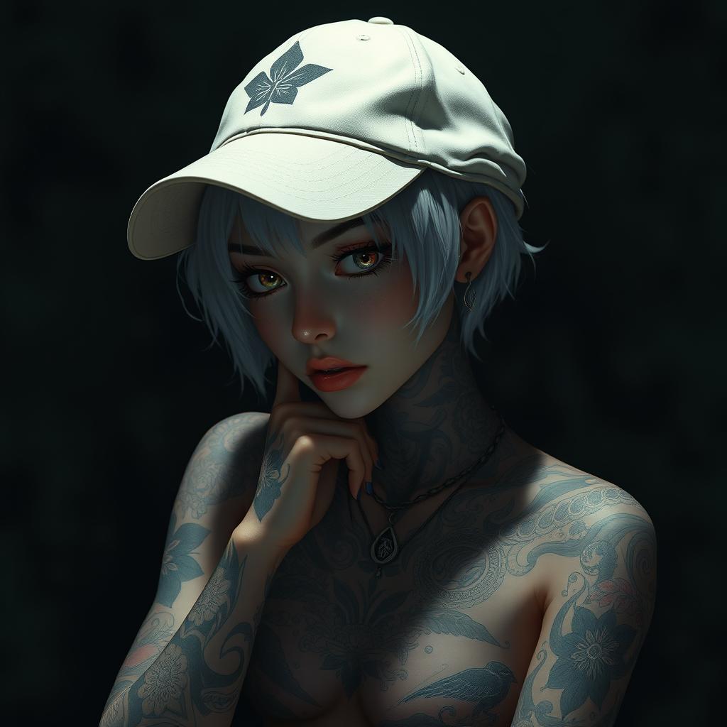 An image of a tomboy with short white hair wearing a cap, set in a dark and moody environment