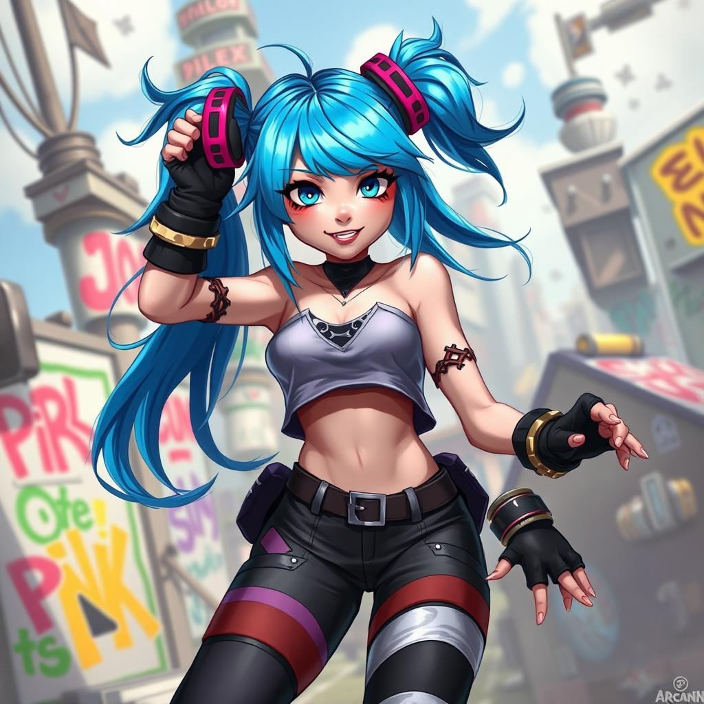 A detailed portrayal of the character Jinx from Arcane, showcasing her unique and vibrant design