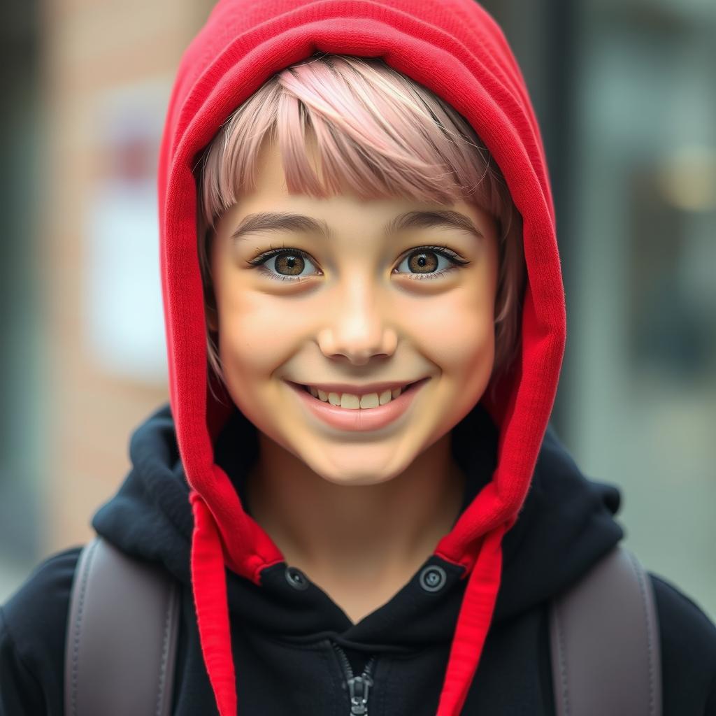 A cheerful 16-year-old girl with short pink hair cut near her chin and no bangs, featuring expressive brown eyes and a distinct line under her eyes