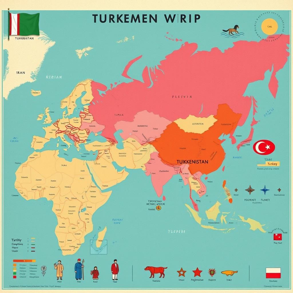 A detailed world map highlighting the global distribution of Turkmen populations, with specific regions marked where significant Turkmen communities exist, such as Turkmenistan, Iran, Afghanistan, Turkey, and smaller populations in various countries