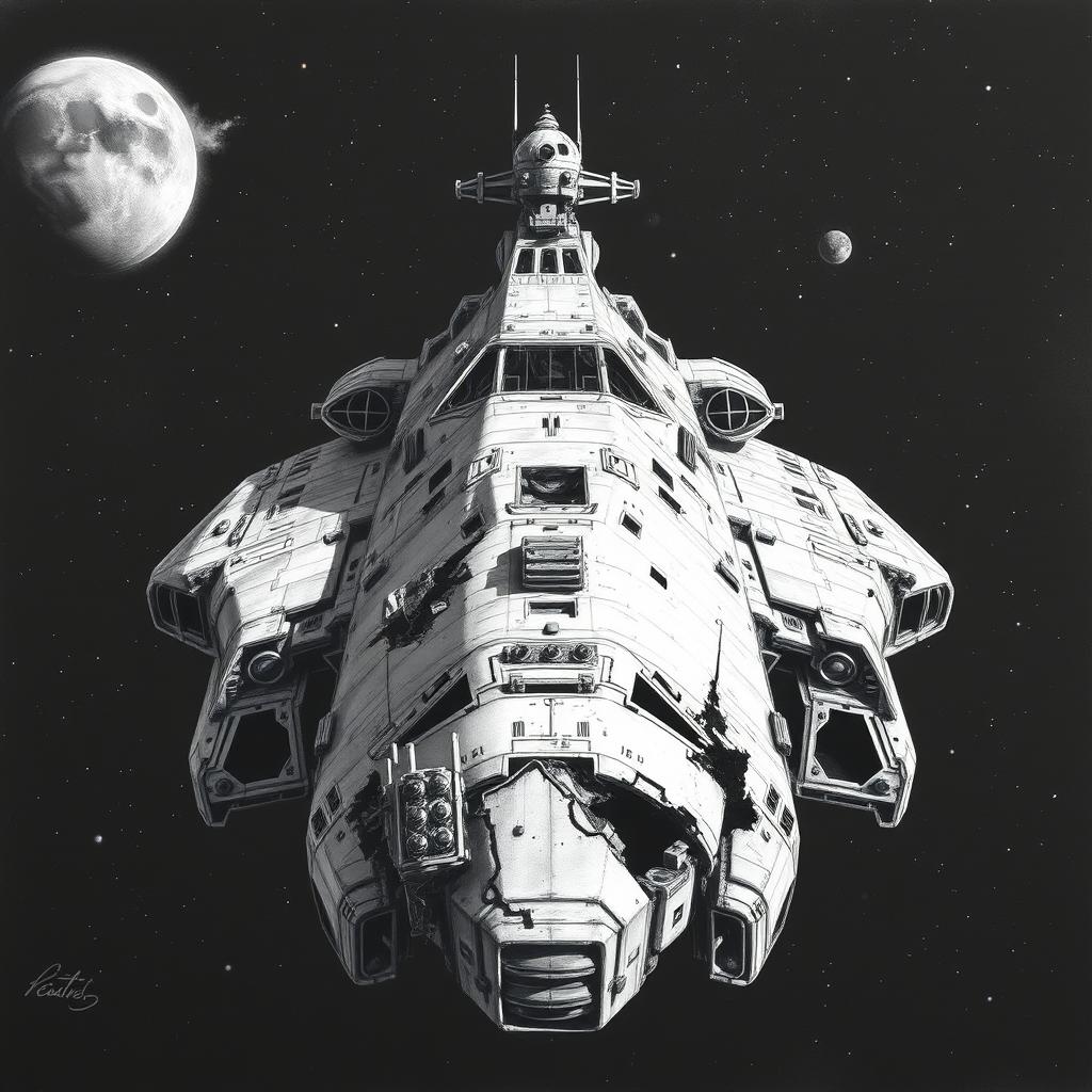A broken spaceship depicted from a frontal view, showcasing its intricate details and structural damage