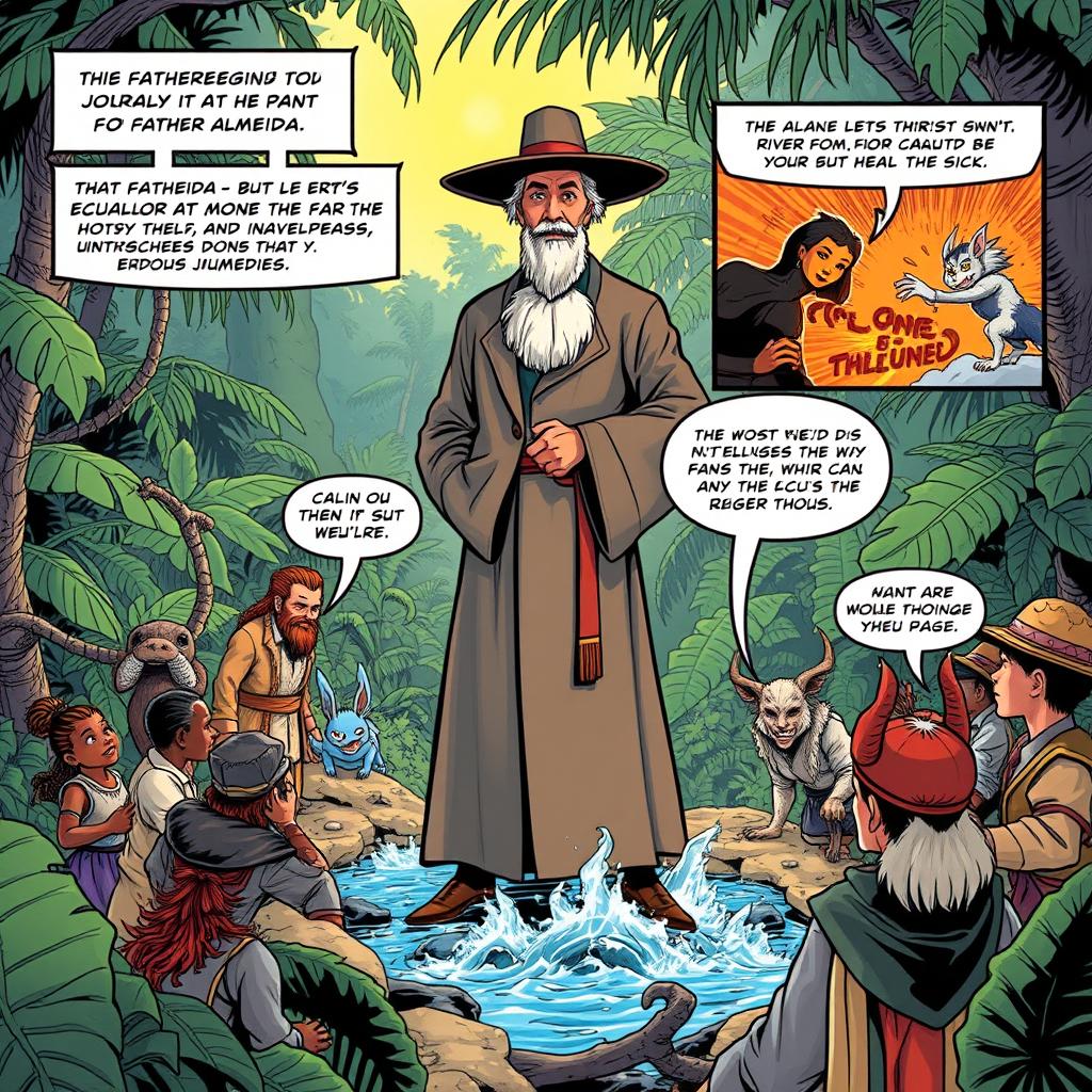 A comic illustration depicting the Ecuadorian legend of Father Almeida as a dramatic narrative