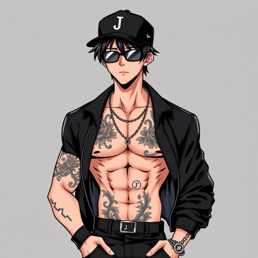 A lean and muscular young man with black hair, wearing a black cap adorned with the letter 'J' and a matching necklace featuring the same letter