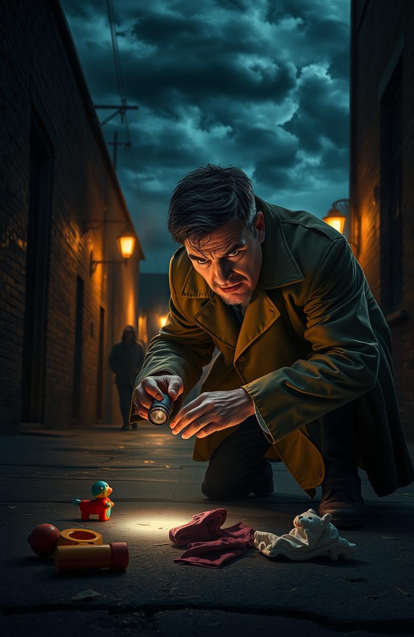 A determined detective, a middle-aged man with short, dark hair and a rugged face, intensely examining a crime scene at night