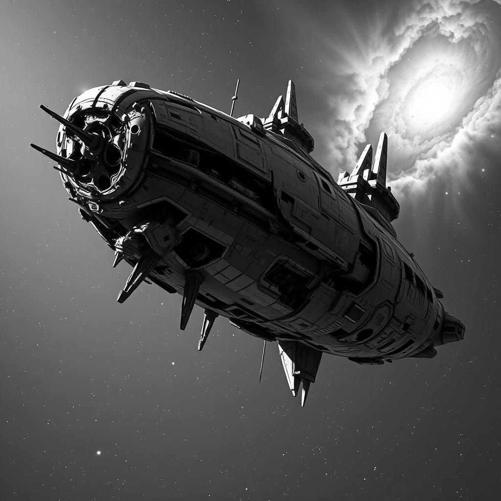A damaged spaceship depicted from a side view, showcasing the intricate structural details and visible destruction