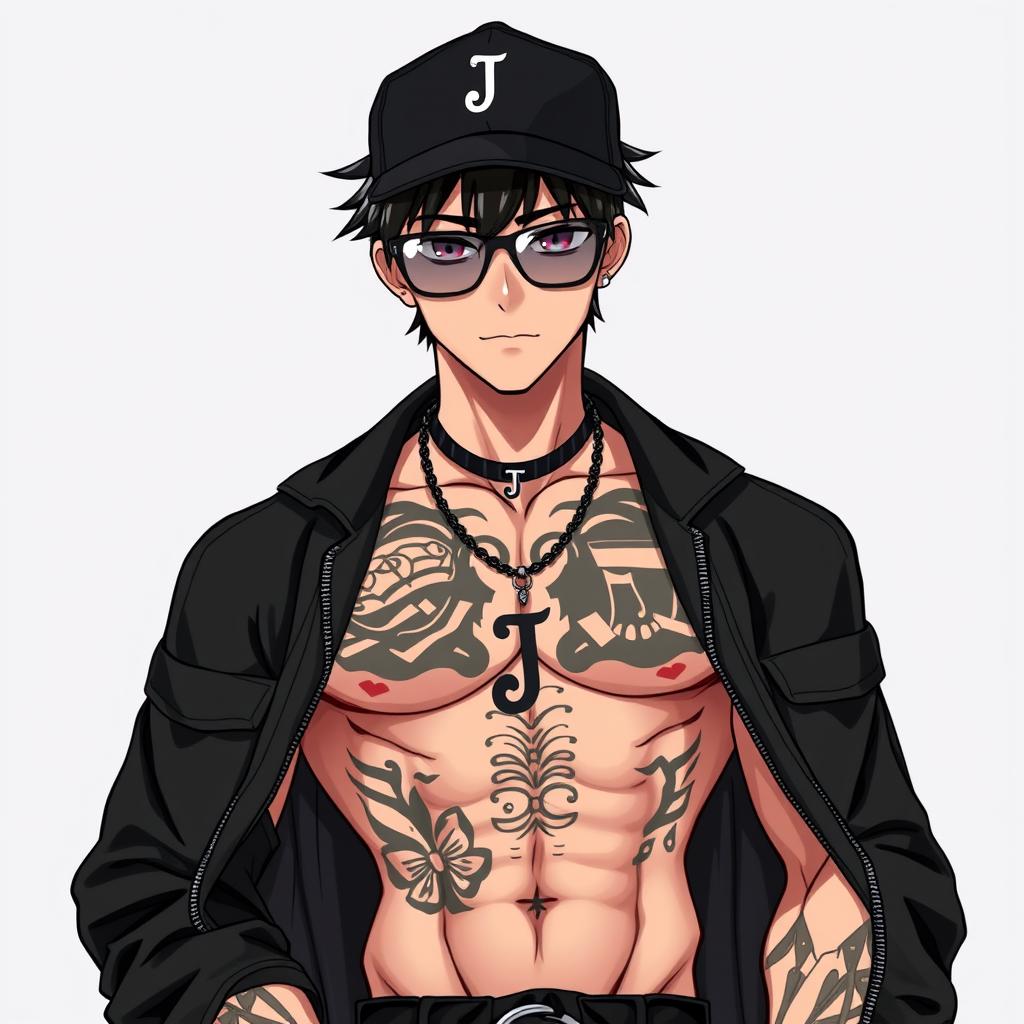 A lean and muscular young man in anime style, featuring striking black hair and wearing a black cap adorned with the letter 'J'