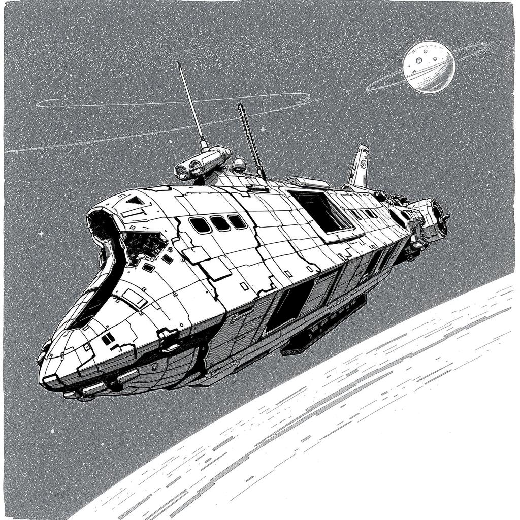 A damaged spaceship illustrated from a side view, highlighting its intricate details and visible wear