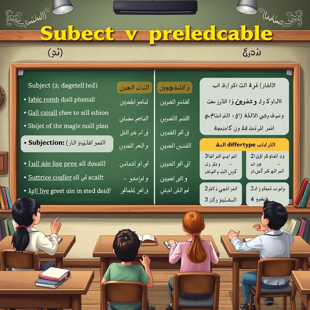 A detailed educational illustration explaining the Arabic grammatical concepts of subject (المبتدأ) and predicate (الخبر)