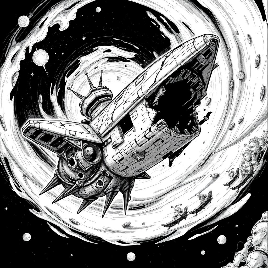 A damaged spaceship illustrated from a side view, influenced by the art style of 'Arcane'