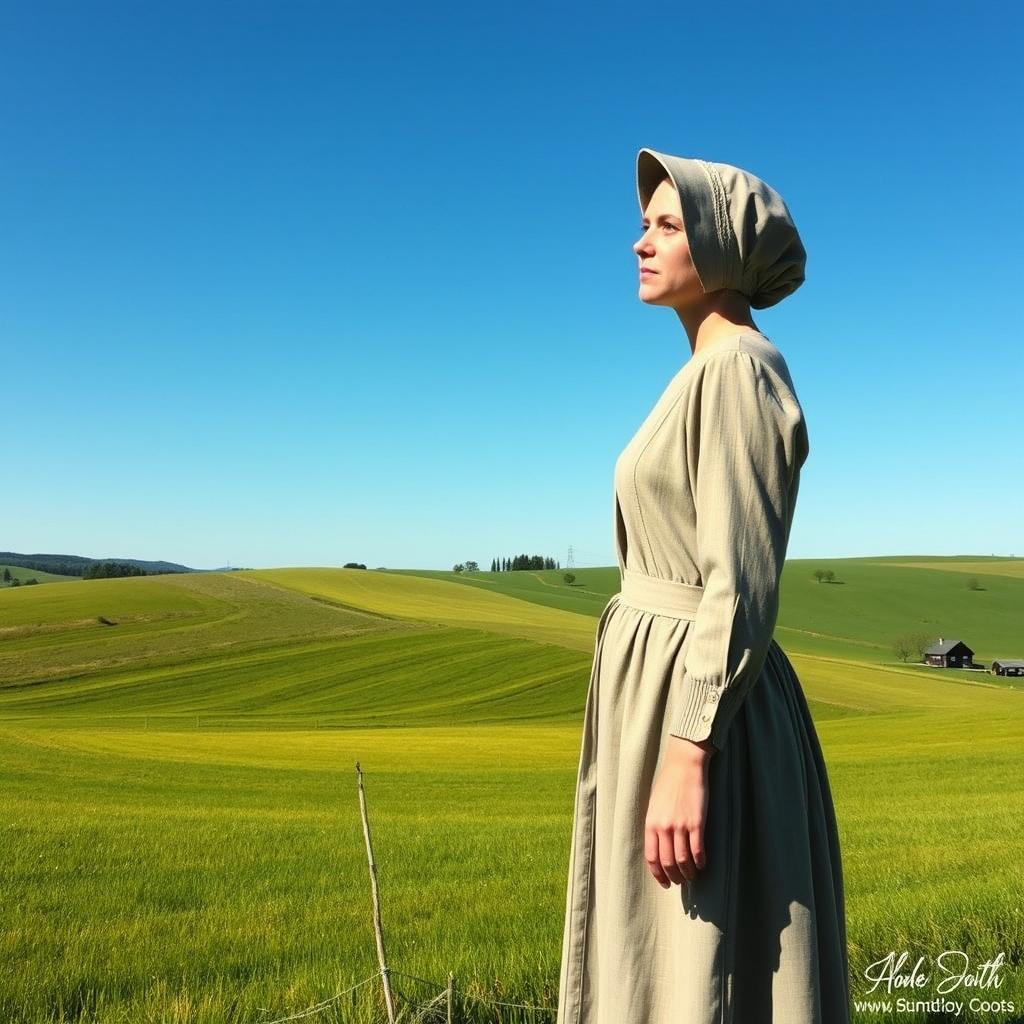 A thoughtful depiction of a woman in traditional Amish attire standing at the edge of a serene countryside, symbolizing her contemplation after leaving an Amish community