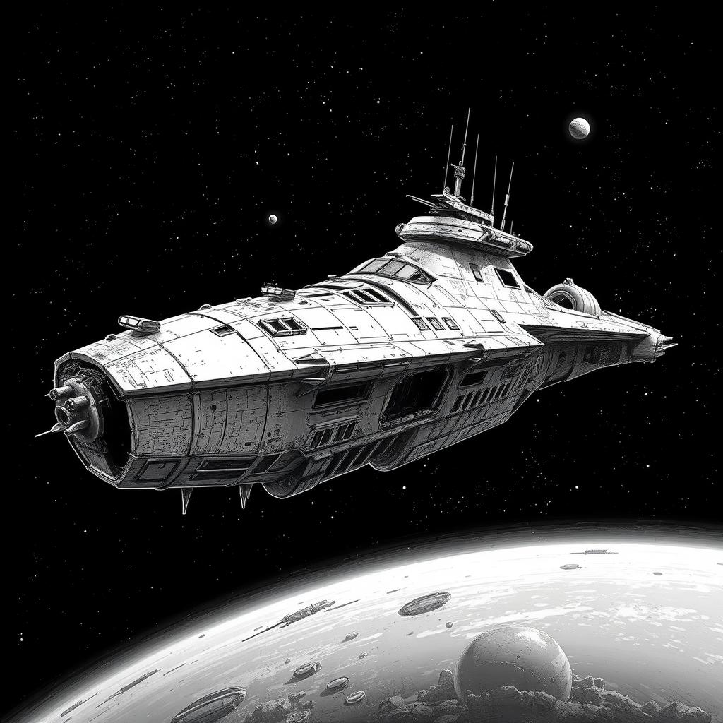 A damaged spaceship illustrated from a side view, blending realistic art with elements inspired by the 'Arcane' style