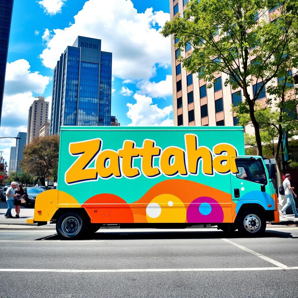 A bright and colorful delivery truck with the word 'Zattaha' boldly written on the side in a playful, eye-catching font