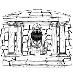 A detailed black and white drawing of a dwarven squared temple featuring a flat roof, approached by three broad steps that lead up to the open main entrance framed by sturdy columns