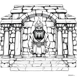 A detailed black and white drawing of a dwarven squared temple featuring a flat roof, approached by three broad steps that lead up to the open main entrance framed by sturdy columns