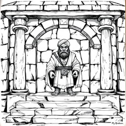 A detailed black and white drawing of a dwarven squared temple featuring a flat roof, approached by three broad steps that lead up to the open main entrance framed by sturdy columns