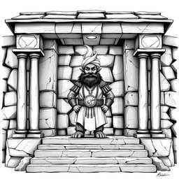 A detailed black and white drawing of a dwarven squared temple featuring a flat roof, approached by three broad steps that lead up to the open main entrance framed by sturdy columns