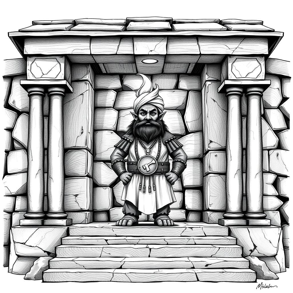 A detailed black and white drawing of a dwarven squared temple featuring a flat roof, approached by three broad steps that lead up to the open main entrance framed by sturdy columns