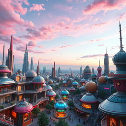 A vibrant, futuristic town filled with various imaginative space-themed buildings, blending elements of sci-fi architecture with creative designs