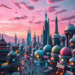 A vibrant, futuristic town filled with various imaginative space-themed buildings, blending elements of sci-fi architecture with creative designs