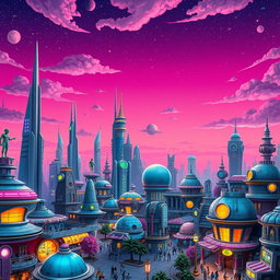 A vibrant, futuristic town filled with various imaginative space-themed buildings, blending elements of sci-fi architecture with creative designs