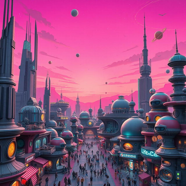 A vibrant, futuristic town filled with various imaginative space-themed buildings, blending elements of sci-fi architecture with creative designs