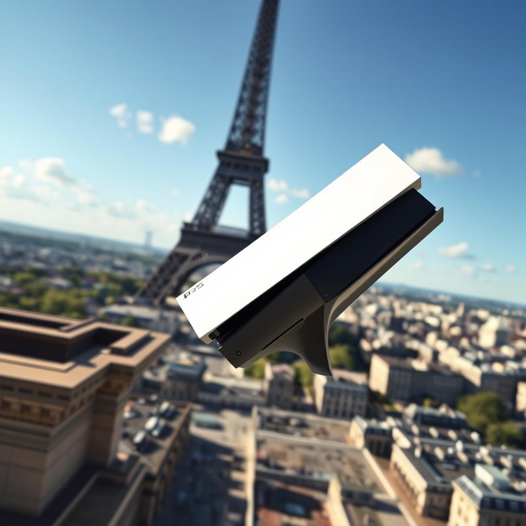 A high-resolution, dramatic scene of a PlayStation 5 console in mid-air, having just been thrown from the iconic Eiffel Tower in Paris