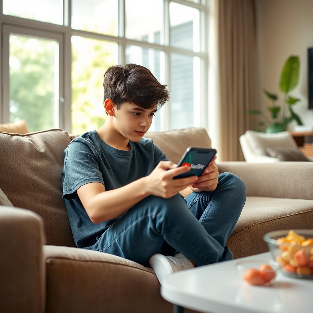 A teenage boy sitting on a cozy couch in a bright, modern living room, intently watching a YouTube video on his smartphone